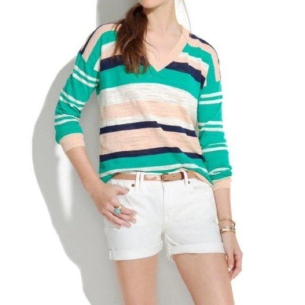MADEWELL GREEN WHITE STRIPED SWEATER TOP V NECK